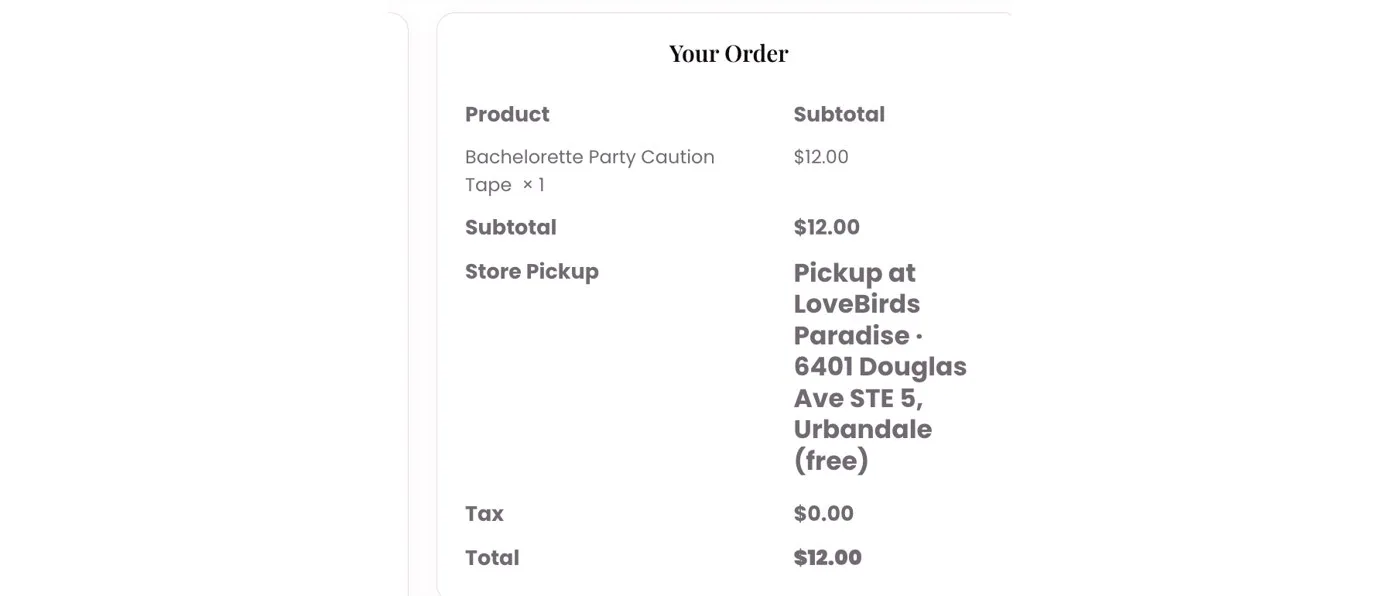 Order summary with store pickup selected