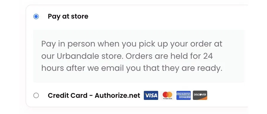 Checkout payment options: pay at store or credit card