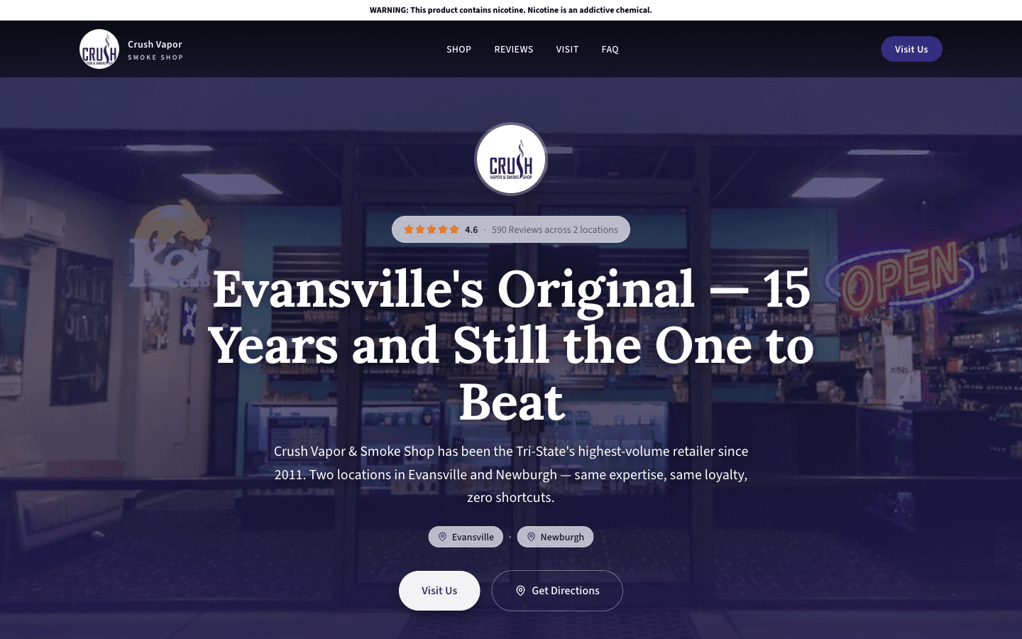 Crush Vapor & Smoke Shop website — Evansville's original smoke shop, 15 years, two locations, 4.6 stars
