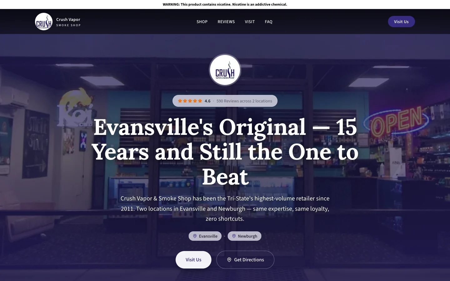 Crush Vapor & Smoke Shop website — Evansville's original smoke shop, 15 years, two locations, 4.6 stars