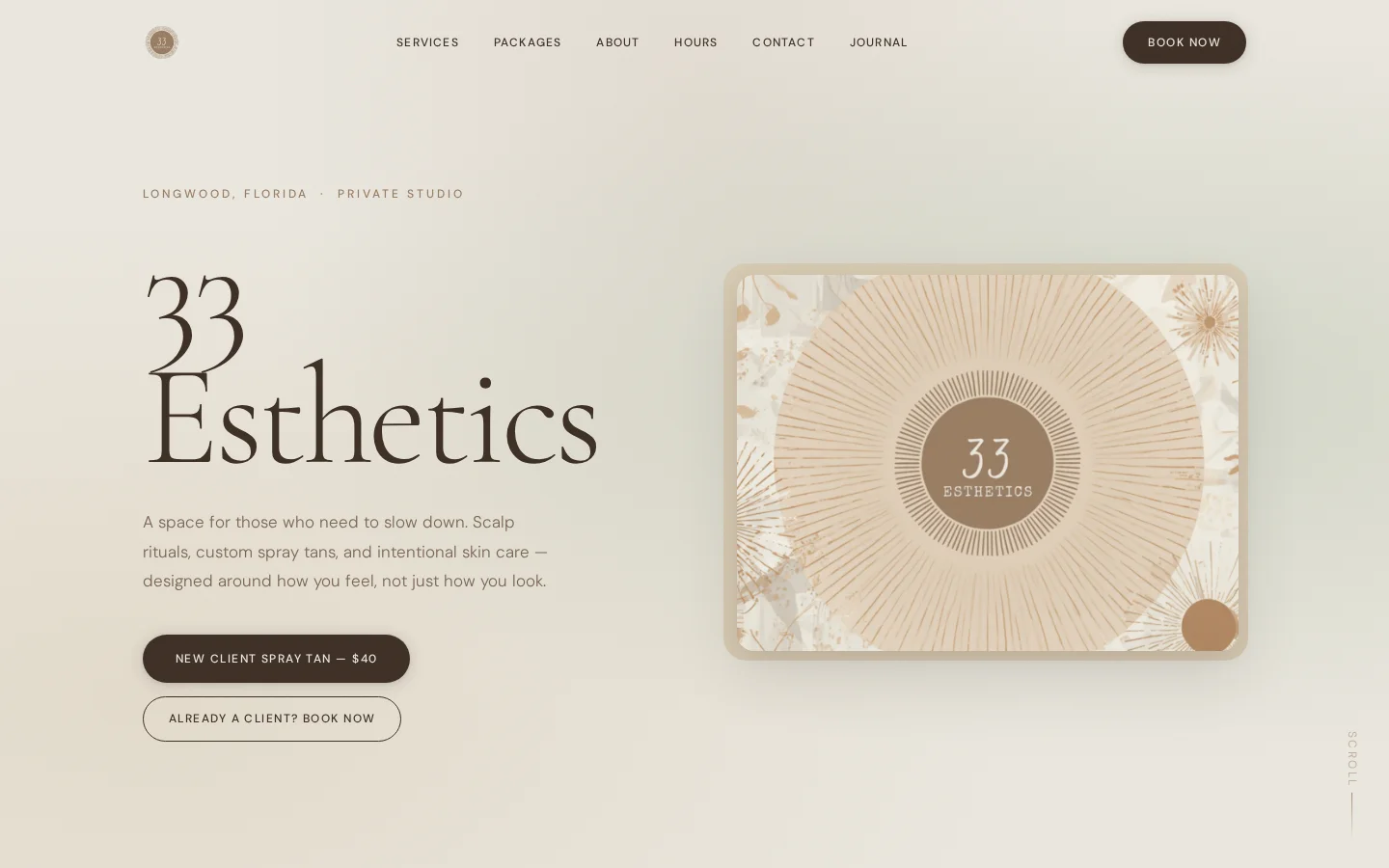 33 Esthetics website — hero section showing scalp rituals, spray tans, and skin care services in Longwood, FL