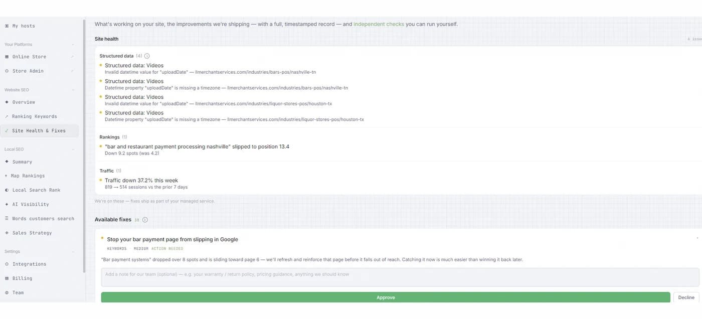 Growth Platform Site Health & Fixes — flagged issues and approvable fixes