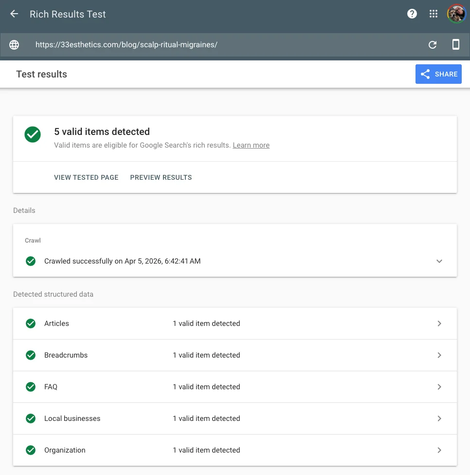 Rich Results Test — 5 valid structured data items